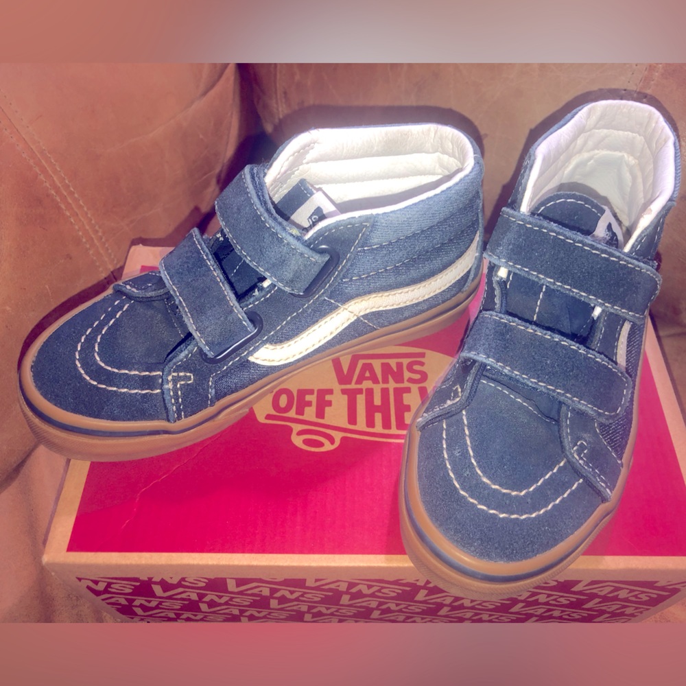 Navy Blue Suede/Denim Hightop Velcro Vans, Used Sz 1